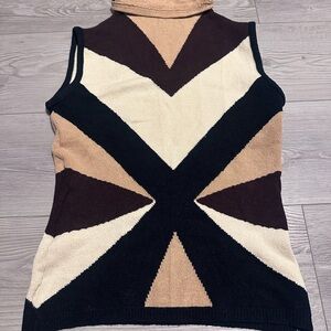 Vintage CACHE Black Brown Cream Geometric Sleeveless Mock neck Sweater, L